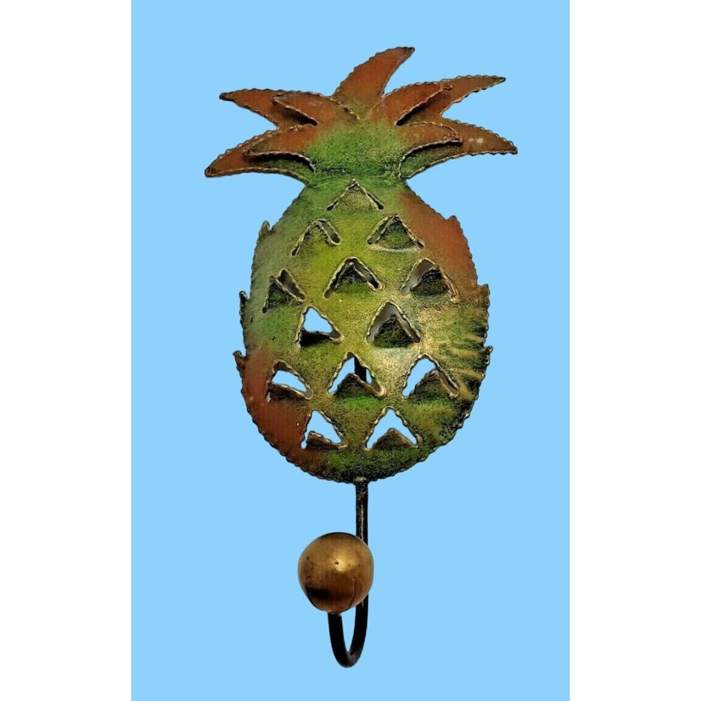 Pineapple Metal Wall Hook Green Gold Tropical Beach House Tiki Coastal